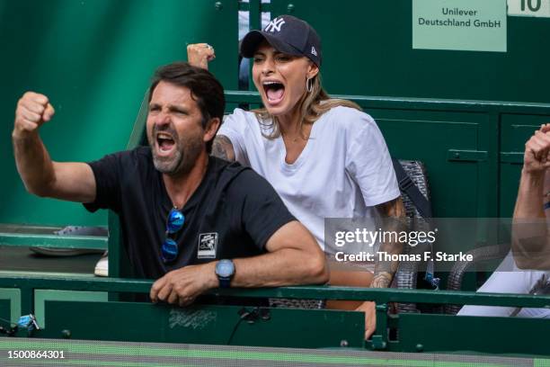 Sophia Thomalla and Marcelo Melo celebrate the winning of Alexander Zverev during day seven of the Terra Wortmann Open at OWL-Arena on June 23, 2023...