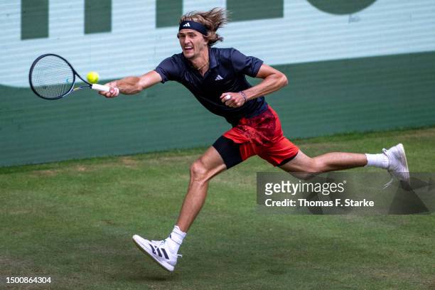 Alexander Zverev of Germany plays a forehand in his match against Nicolas Jarry of Chile during day seven of the Terra Wortmann Open at OWL-Arena on...