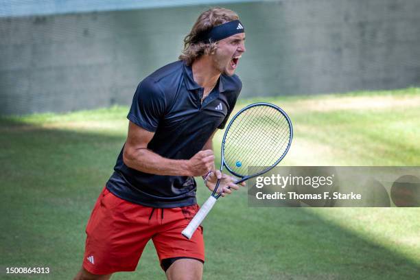 Alexander Zverev of Germany celebrates in his match against Nicolas Jarry of Chile during day seven of the Terra Wortmann Open at OWL-Arena on June...