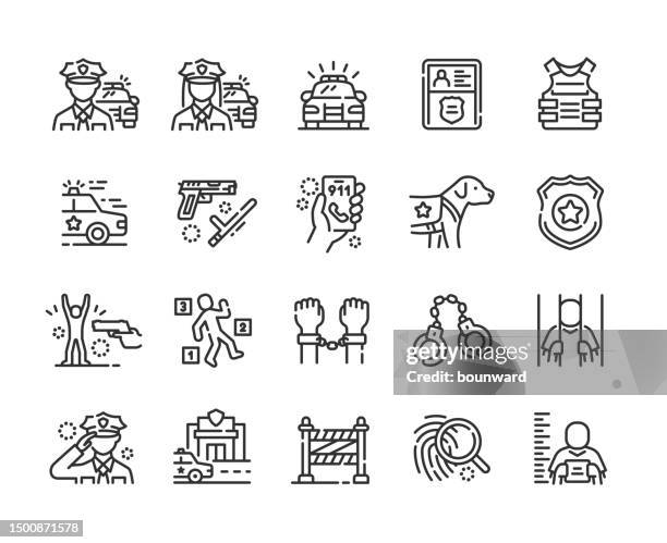 symbole der polizeilinie. pixelgenau. bearbeitbarer strich. - crime scene stock-grafiken, -clipart, -cartoons und -symbole