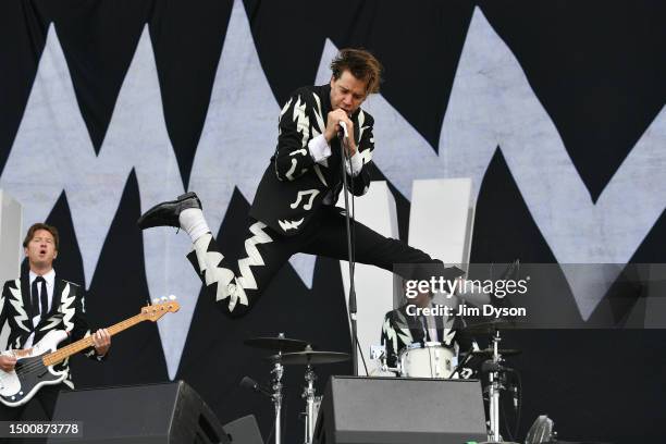 Pelle Almqvist of The Hives performs during day 3 of Glastonbury Festival 2023 Worthy Farm, Pilton on June 23, 2023 in Glastonbury, England.