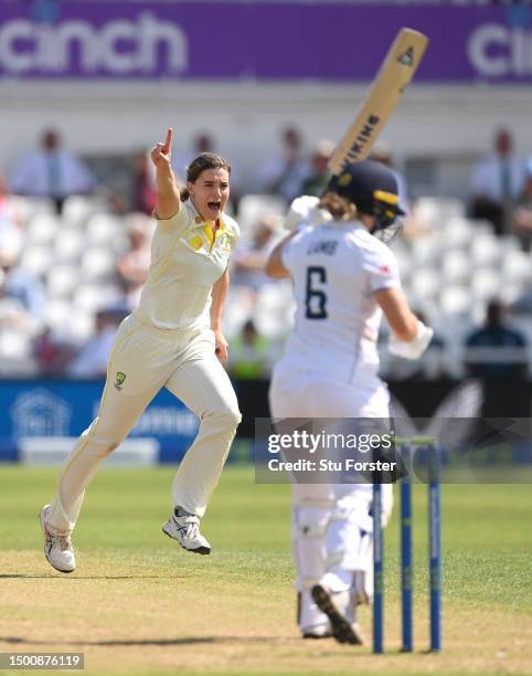 Australia bowler Annabel Sutherland celebrates after taking the wicket of Emma Lamb during day two of the LV= Insurance Women's Ashes Test match...