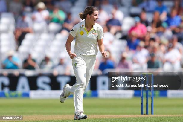 Annabel Sutherland of Australia celebrates the wicket of Emma Lamb of England during day X of the LV= Insurance Women's Ashes Test match between...