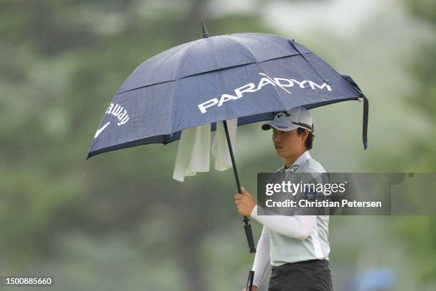 Yuka Saso of Japan walks the 10th green during the second round of the KPMG Women's PGA Championship at Baltusrol Golf Club on June 23, 2023 in...