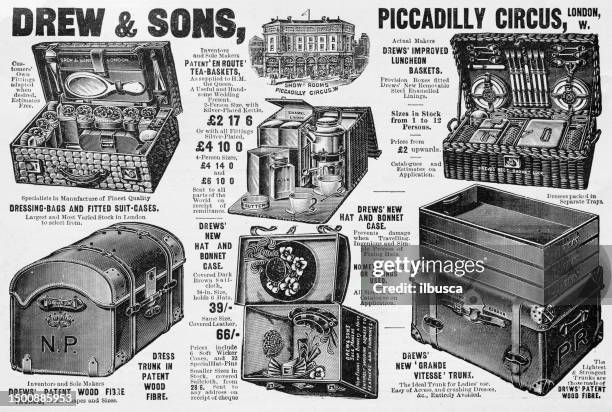 antique advertisement from british magazine: luggage, bags and picnic baskets - hamper stock illustrations