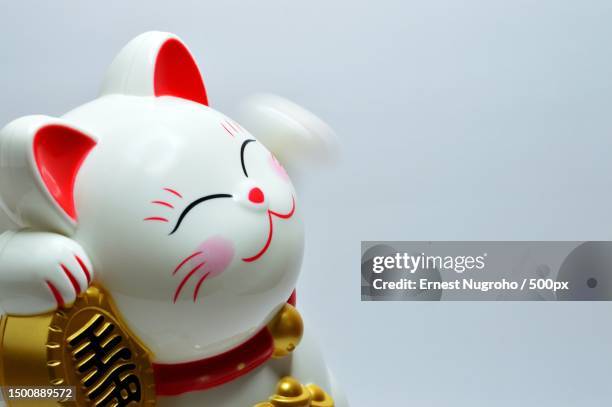 close-up of toy lucky cat on white background,china - maneki neko photos et images de collection
