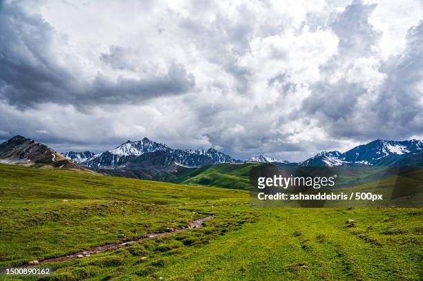 scenic view of field against snow mountains and cloudy sky,kyrgyzstan - asia central fotografías e imágenes de stock