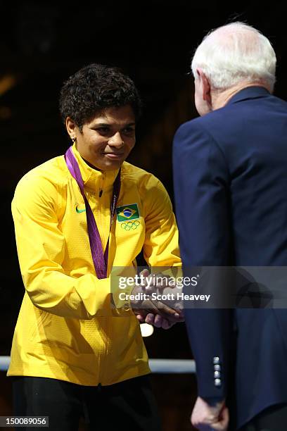 Bronze medalist Adriana Araujo of Brazil is seen during the medal ceremony for the Women's Light Boxing final bout on Day 13 of the London 2012...