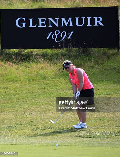 Alexandra Keighley of Huddersfield Golf Club chips onto the 18th green during the final day of the Glenmuir PGA Professional Championship at Carden...