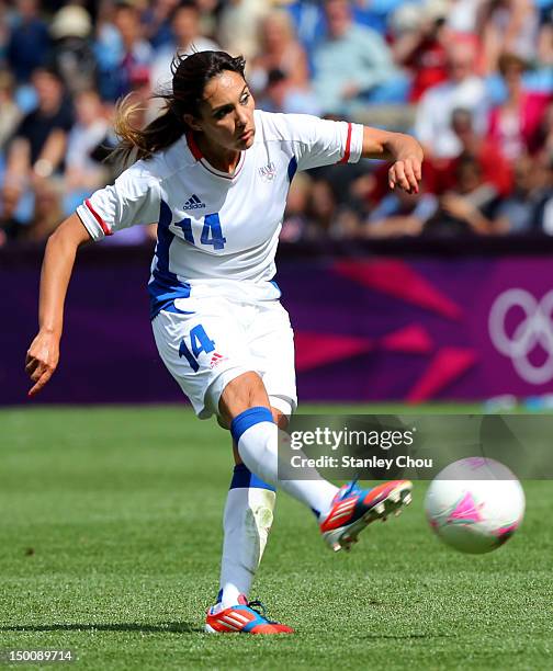 Louisa Necib of France kicks during the Women's Football Bronze Medal match between Canada and France, on Day 13 of the London 2012 Olympic at City...