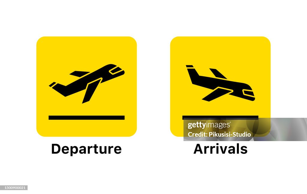 Airport departure and arrivals yellow signs in flat style.