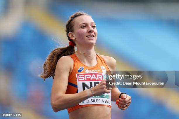 First placed Femke Bol of Netherlands celebrates winning the Women's 400m heats during day four of the European Games 2023 on June 23, 2023 in...