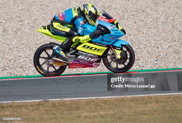 David Munoz of Spain and BOE Motorsports heads down a straight during the MotoGP of Netherlands - Free Practice at TT Circuit Assen on June 23, 2023...