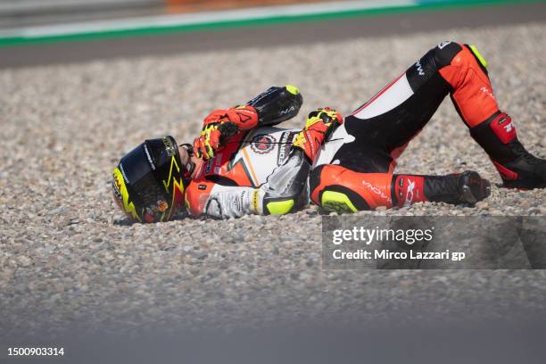 Marcos Ramirez of Spain and Forward Racing lies crashed out during the MotoGP of Netherlands - Free Practice at TT Circuit Assen on June 23, 2023 in...