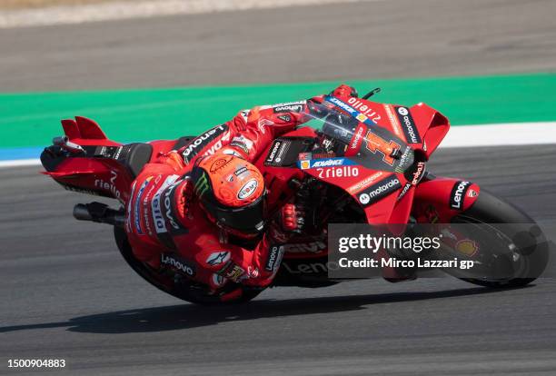 Francesco Bagnaia of Italy and Ducati Lenovo Team rounds the bend during the MotoGP of Netherlands - Free Practice at TT Circuit Assen on June 23,...