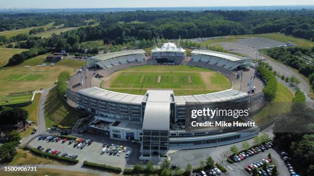 Aerial view of the Ageas Bowl ahead of the Vitality Blast T20 between Hampshire Hawks and Essex Eagles at Ageas Bowl on June 23, 2023 in Southampton,...