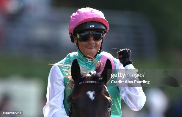 Frankie Dettori riding Coppice after winning The Sandringham Stakes during day four of Royal Ascot 2023 at Ascot Racecourse on June 23, 2023 in...