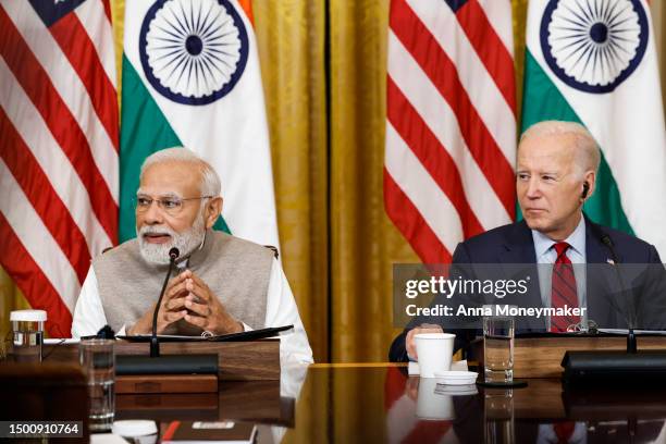 Indian Prime Minister Narendra Modi speaks during a roundtable with American and Indian business leaders alongside U.S. President Joe Biden in the...