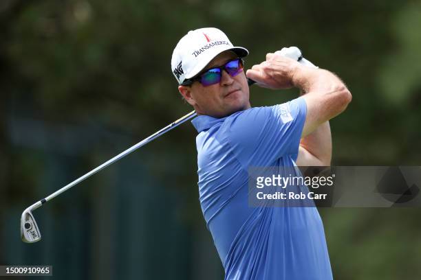 Zach Johnson of the United States plays his shot from the fifth tee during the second round of the Travelers Championship at TPC River Highlands on...