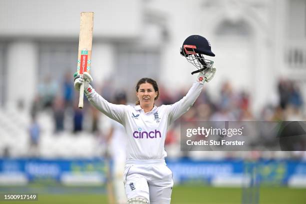 England batter Tammy Beaumont celebrates her century during day two of the LV= Insurance Women's Ashes Test match between England and Australia at...