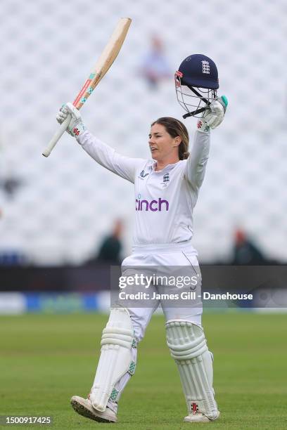 Tammy Beaumont of England celebrates after scoring the runs to take her to a century of runs during day X of the LV= Insurance Women's Ashes Test...