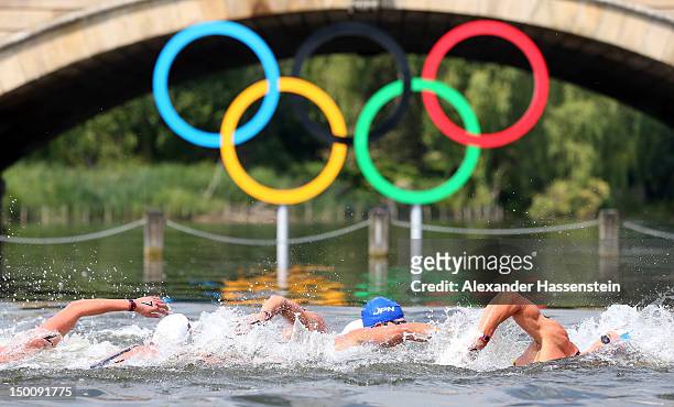 Yasunari Hirai of Japan competes in the Men's Marathon 10km swim on Day 14 of the London 2012 Olympic Games at Hyde Park on August 10, 2012 in...
