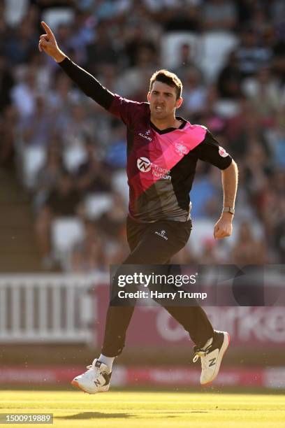 Craig Overton of Somerset celebrates the wicket of Ben Wells of Gloucestershire during the Vitality Blast T20 match between Somerset and...