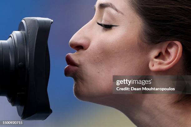 Ewa Swoboda of Team Poland kisses the camera after finishing first in the Women's 100m - Division 1 heats during day four of the European Games 2023...