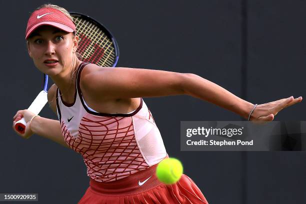 Anastasia Potapova plays a forehand against Harriet Dart of Great Britain in the Women's Singles Quarter Final match during Day Seven of the Rothesay...