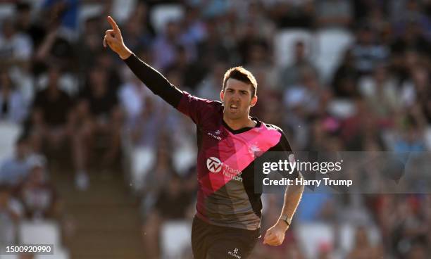 Craig Overton of Somerset celebrates the wicket of Ben Wells of Gloucestershire during the Vitality Blast T20 match between Somerset and...