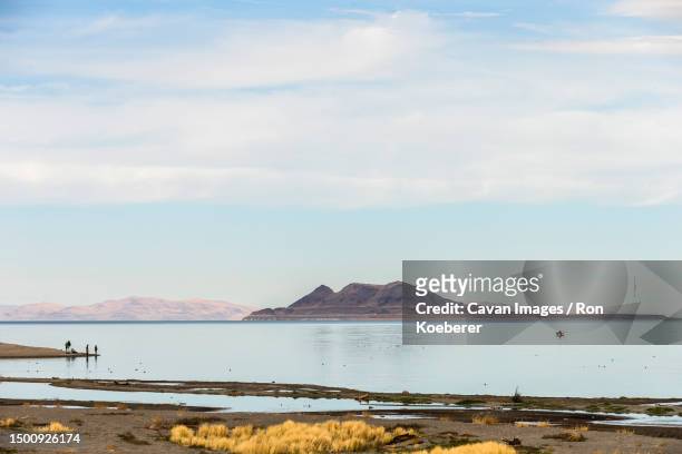 elevated view of fisherman on the shore of pyramid lake, nevada - koeberer stock pictures, royalty-free photos & images