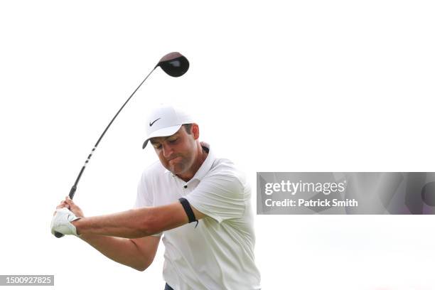 Scottie Scheffler of the United States plays his shot from the third tee during the second round of the Travelers Championship at TPC River Highlands...