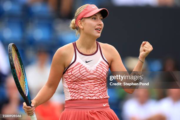 Anastasia Potapova celebrates winning against Harriet Dart of Great Britain in the Women's Singles Quarter Final match during Day Seven of the...