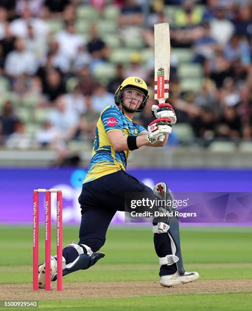 Dan Mousley of Birmingham Bears pulls the ball to the boundary during the Vitality Blast T20 match between Birmingham Bears and Worcestershire Rapids...