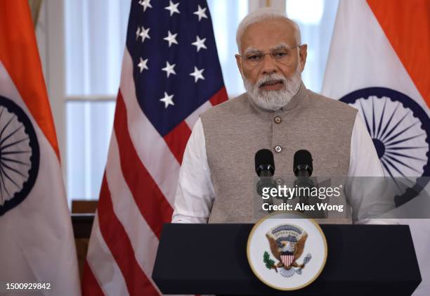 Indian Prime Minister Narendra Modi speaks during a luncheon, host by U.S. Vice President Kamala Harris and U.S. Secretary of State Antony Blinken,...