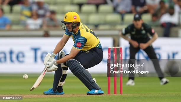 Chris Benjamin of Birmingham Bears plays a ramp shot to the boundary during the Vitality Blast T20 match between Birmingham Bears and Worcestershire...