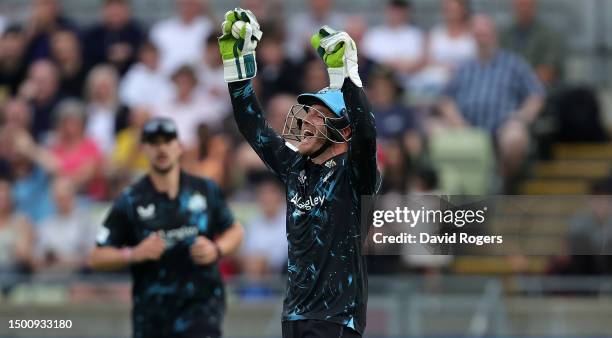 Ben Cox, the Worcestershire Rapids wicket keeper celebrates after catching Alex Davies during the Vitality Blast T20 match between Birmingham Bears...