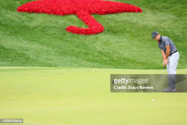 Denny McCarthy of the United States putts on the 18th green during the second round of the Travelers Championship at TPC River Highlands on June 23,...