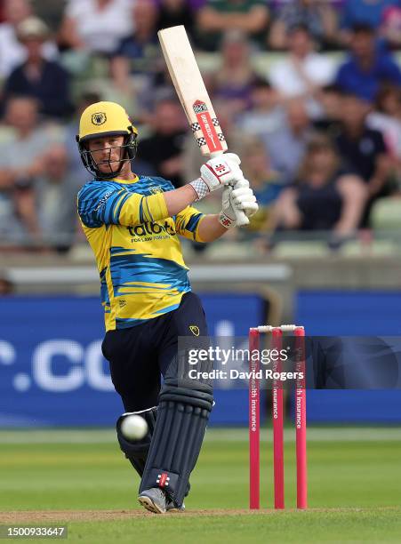 Alex Davies of Birmingham Bears plays the ball to the boundary during the Vitality Blast T20 match between Birmingham Bears and Worcestershire Rapids...