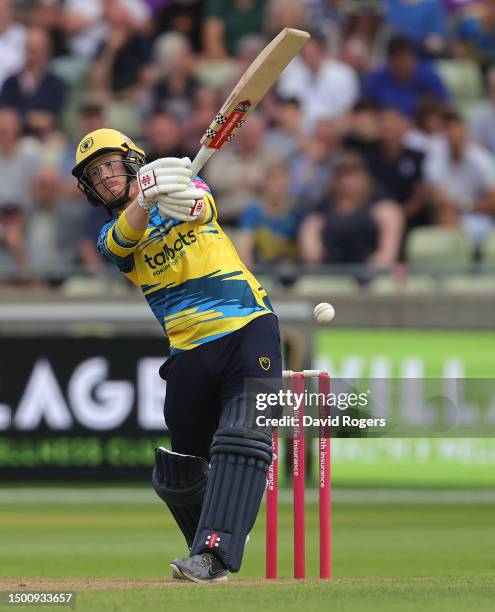 Alex Davies of Birmingham Bears plays the ball to the boundary during the Vitality Blast T20 match between Birmingham Bears and Worcestershire Rapids...