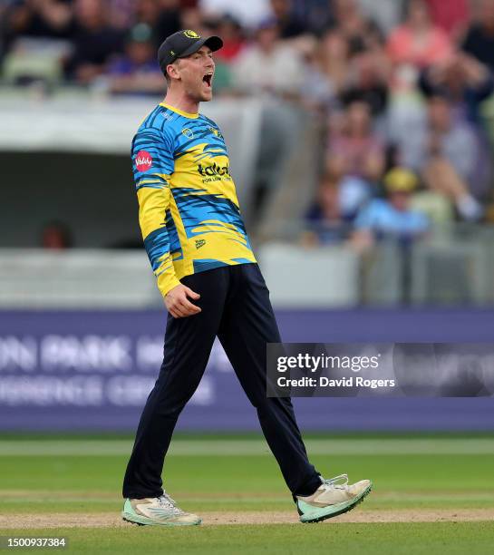 Rob Yates of Birmingham Bears celebrates after catching out Jack Haynes during the Vitality Blast T20 match between Birmingham Bears and...