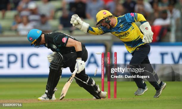 Alex Davies of Birmingham Bears celebrates after stumping out Adam Hose during the Vitality Blast T20 match between Birmingham Bears and...