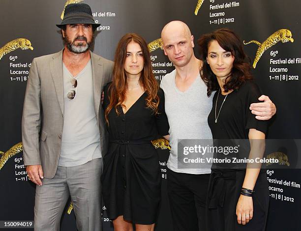 Eric Cantona, Joana Preiss, Herve P. Gustave, Rachida Brakni attend "Les Rebelles du Foot" photocall during the 65th Locarno Film Festival on August...