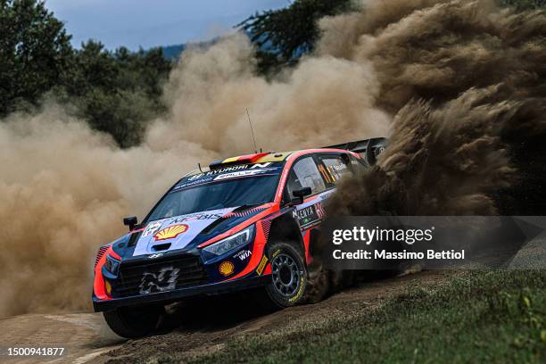 Thierry Neuville of Belgium and Martijn Wydaeghe of Belgium are competing with their Hyundai Shell Mobis WRT Hyundai i20 N Rally1 during Day Two of...
