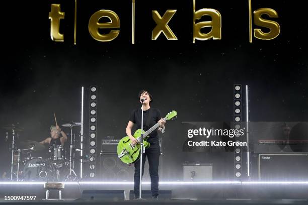 Sharleen Spiteri of Texas performs at the Pyramid Stage on Day 3 of Glastonbury Festival 2023 on June 23, 2023 in Glastonbury, England.