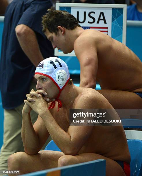 Jesse Smith of the US reacts during the men's water polo semifinal 5-8 the US vs Spain at the London 2012 Olympic Games in London on August 10, 2012....