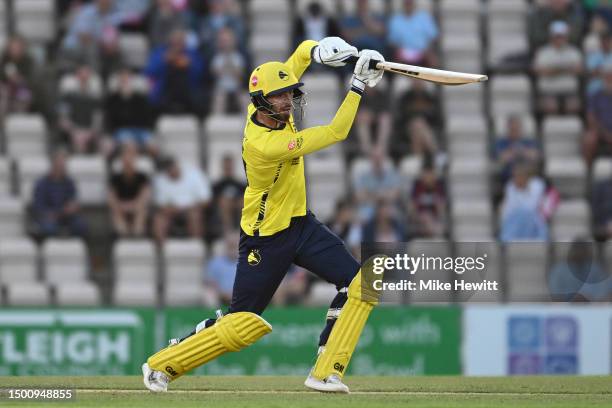James Vince of Hampshire hits out during the Vitality Blast T20 between Hampshire Hawks and Essex Eagles at Ageas Bowl on June 23, 2023 in...