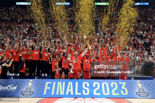 Players of EA7 Emporio Armani Olimpia Milano celebrate with the Scudetto trophy during the award ceremony after the LBA Lega Basket Serie A Playoffs...