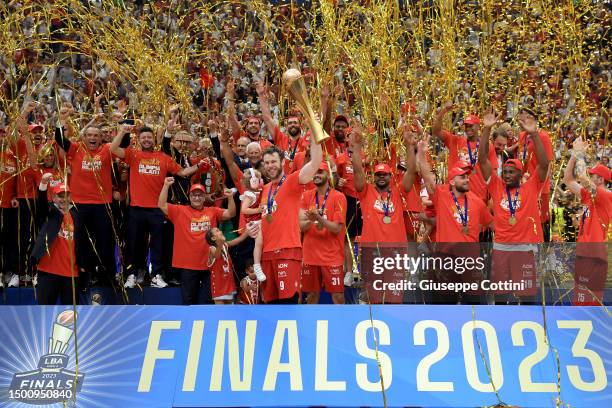 Players of EA7 Emporio Armani Olimpia Milano celebrate with the Scudetto trophy during the award ceremony after the LBA Lega Basket Serie A Playoffs...