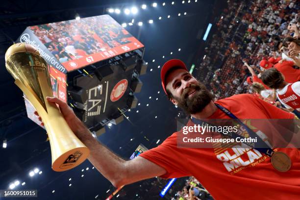 Luigi Datome of EA7 Emporio Armani Olimpia Milano celebrate with the Scudetto trophy during the award ceremony after the LBA Lega Basket Serie A...